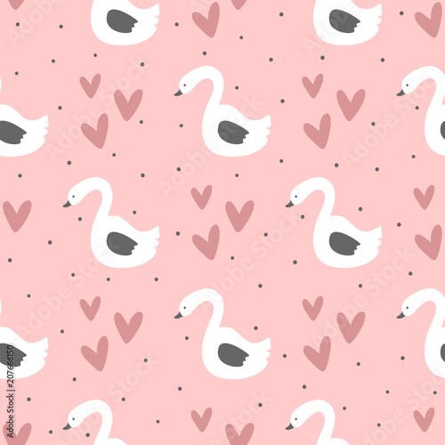 Repeated swans, hearts and round dots. Cute seamless pattern for children. Endless girlish print.