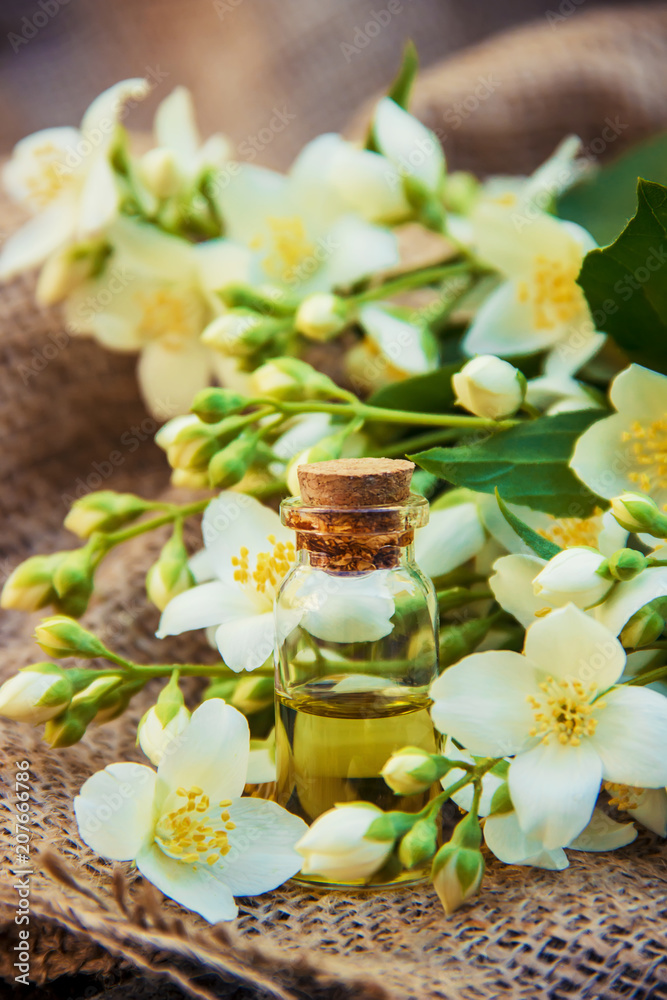 Jasmine essential oil. selective focus. Jasmine essential oil. selective focus.