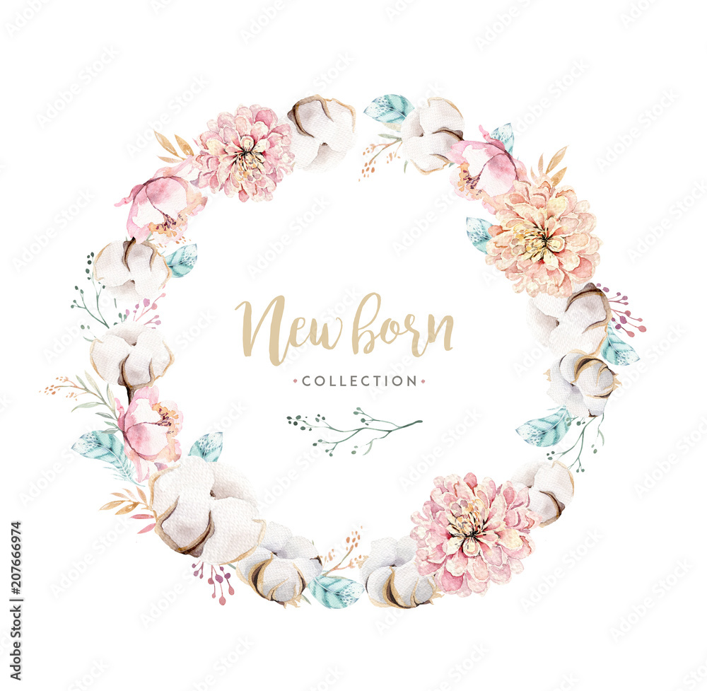 Watercolor boho floral wreath with cotton. Bohemian natural frame: leaves, feathers, flowers, Isolated on white background. Artistic decoration illustration. Save the date, weddign design