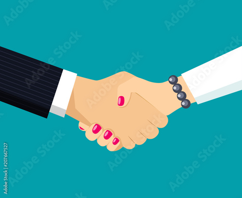 Handshake of business partners. Women's and men's hands. Vector flat style illustration