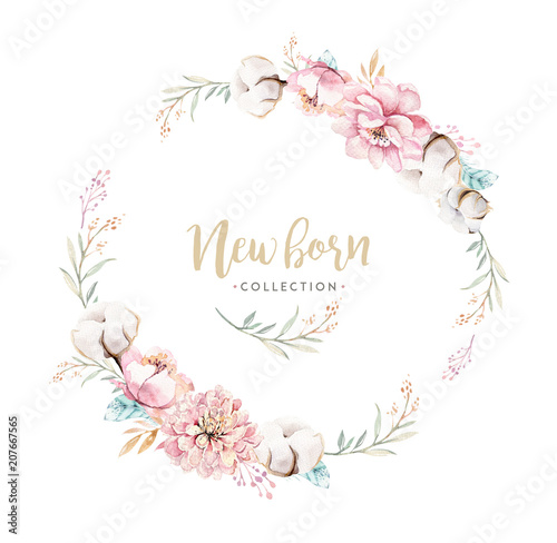 Watercolor boho floral wreath with cotton. Bohemian natural frame: leaves, feathers, flowers, Isolated on white background. Artistic decoration illustration. Save the date, weddign design photo