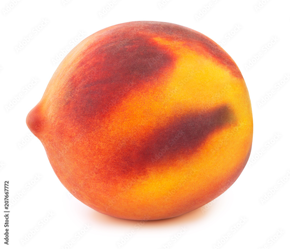 Obraz premium Fresh red and yellow peach fruit isolated on the white background with clipping path. One of the best isolated peaches that you have seen.