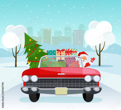 Vintage red cabriolet with santa claus, christmas tree and gift boxes. Vector flat style illustration