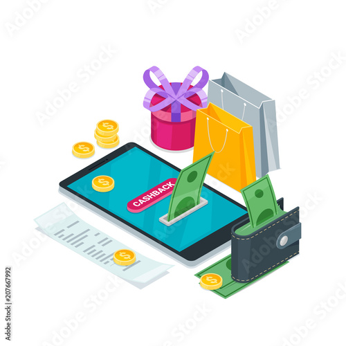Cashback online service concept. Vector isometric 3d illustration. Icons for cash back or transfer payments mobile apps