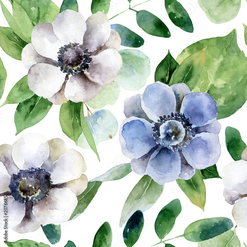 Fotografi Seamless pattern with white and violet anemones