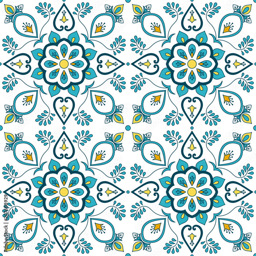 Spanish tile pattern seamless vector with floral ornament motifs