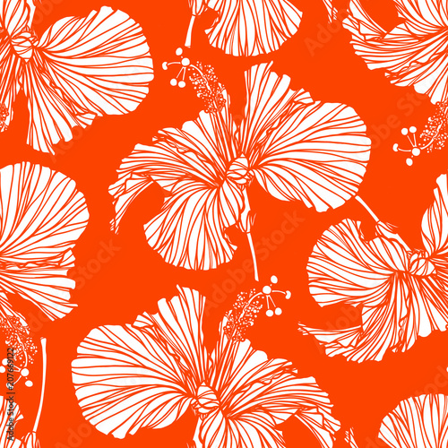 Beautiful seamless floral pattern background. Hibiscusl flowers background. Hibiscus flower realistic vector repeatable design.