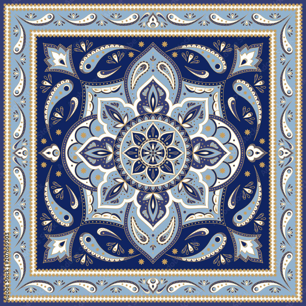 Floral indian paisley pattern vector border. Vintage flower ethnic ornament for scarf bandana print fabric. Oriental folk design for bohemian pillow, persian rug, yoga wallpaper, silk shawl.