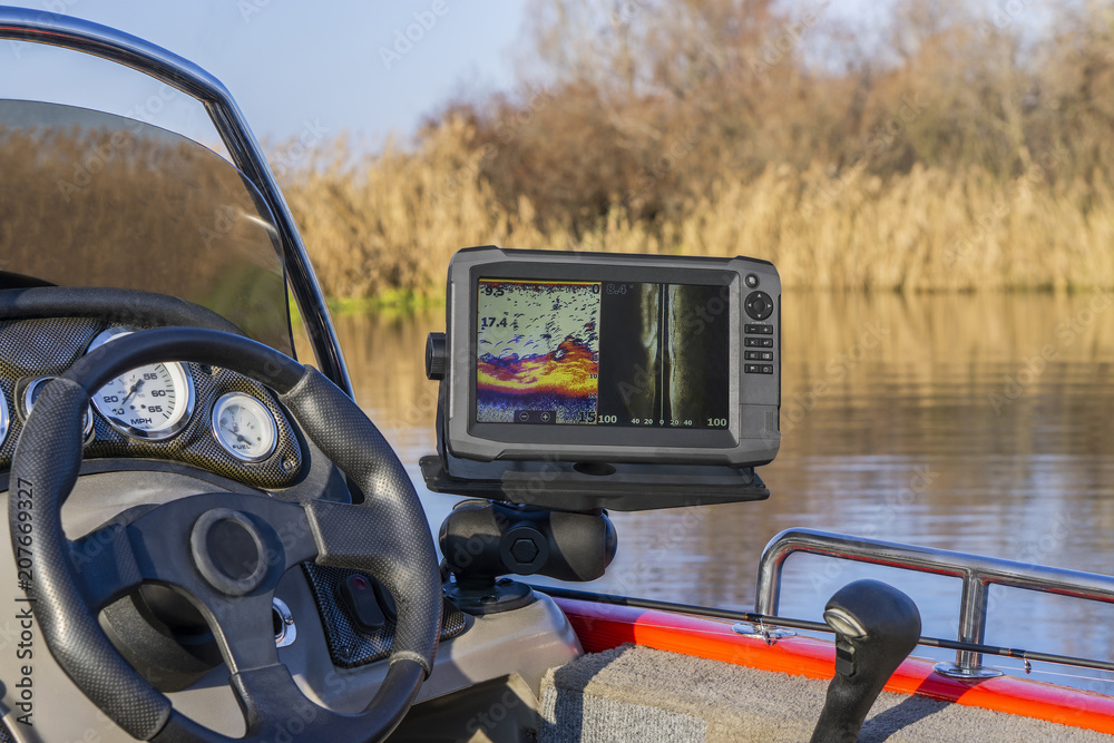 Fishing boat with fish finder, echolot, sonar and structure scaner aboard  Stock Photo
