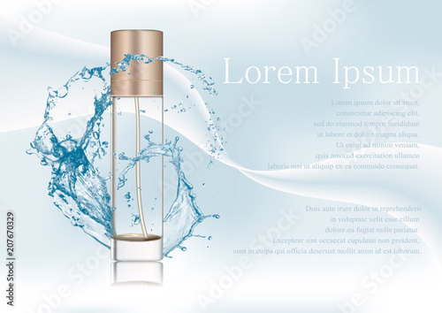 Vector illustration, empty transparent package for cosmetic products with bronze gold lid, tube for lotion, tonic, cream. Realistic mockup of glass container. Abstract stylish gradient background.