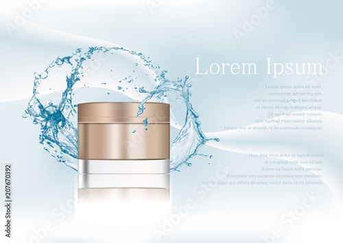 Vector illustration, cosmetic realistic bronze gold glass cream jar,plastic lid.Cosmetic beauty product package template. Realistic mockup of container. Abstract stylish gradient background.