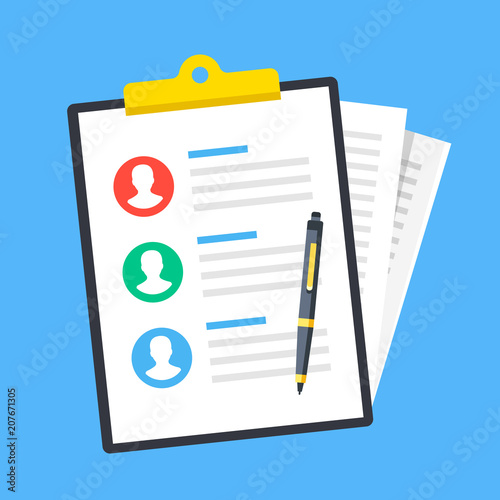 Human resources. Clipboard with list of people, pile of papers, documents and pen. Business concept. Flat design. Top view. Vector illustration