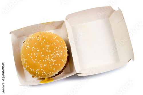 Burger box, fast food unhealthy eating concept, fast food snacks isolated in white background top view with clipping path.