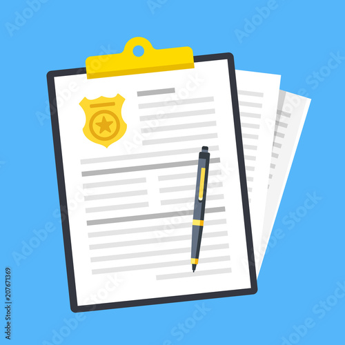 Police report. Traffic fine. Clipboard with police badge, document and stack of papers. Paperwork concepts. Flat design. Vector illustration