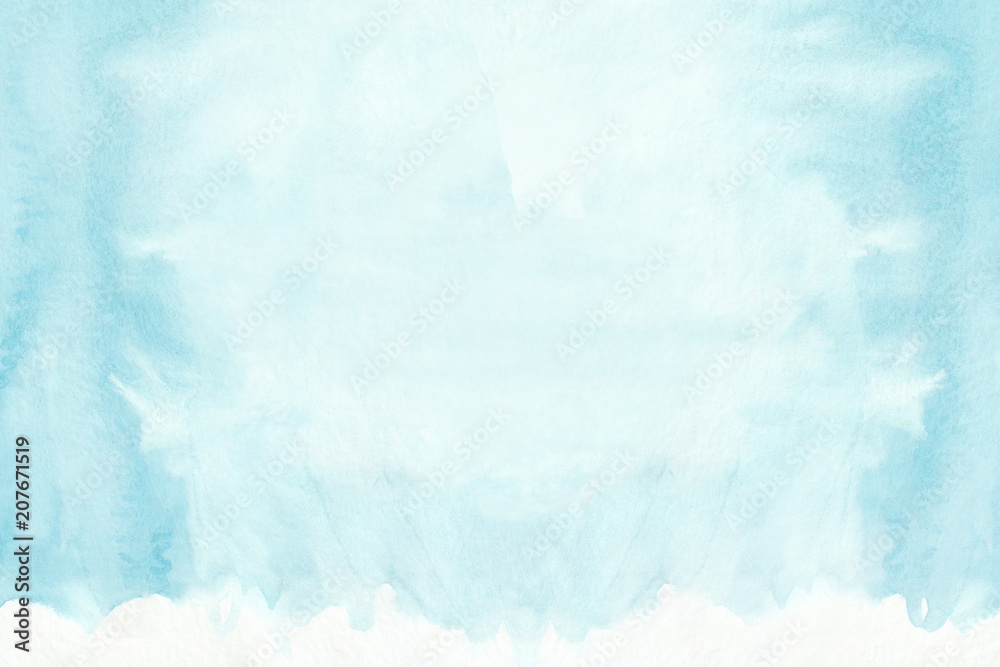 Fototapeta premium Sky blue horizontal watercolor gradient hand drawn background. Middle part is lighter than other sides of image. 