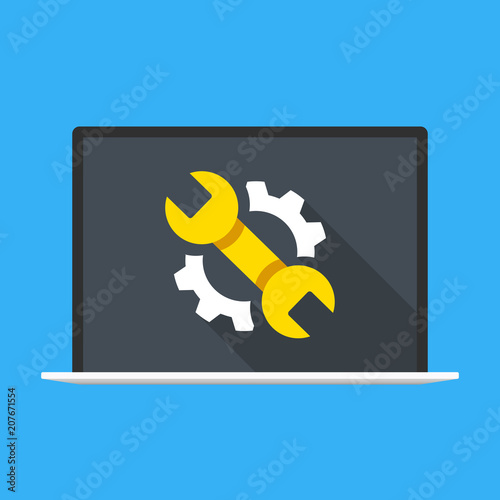 Laptop with wrench and gear on screen. Computer repair, computer maintenance. Modern flat design. Vector illustration
