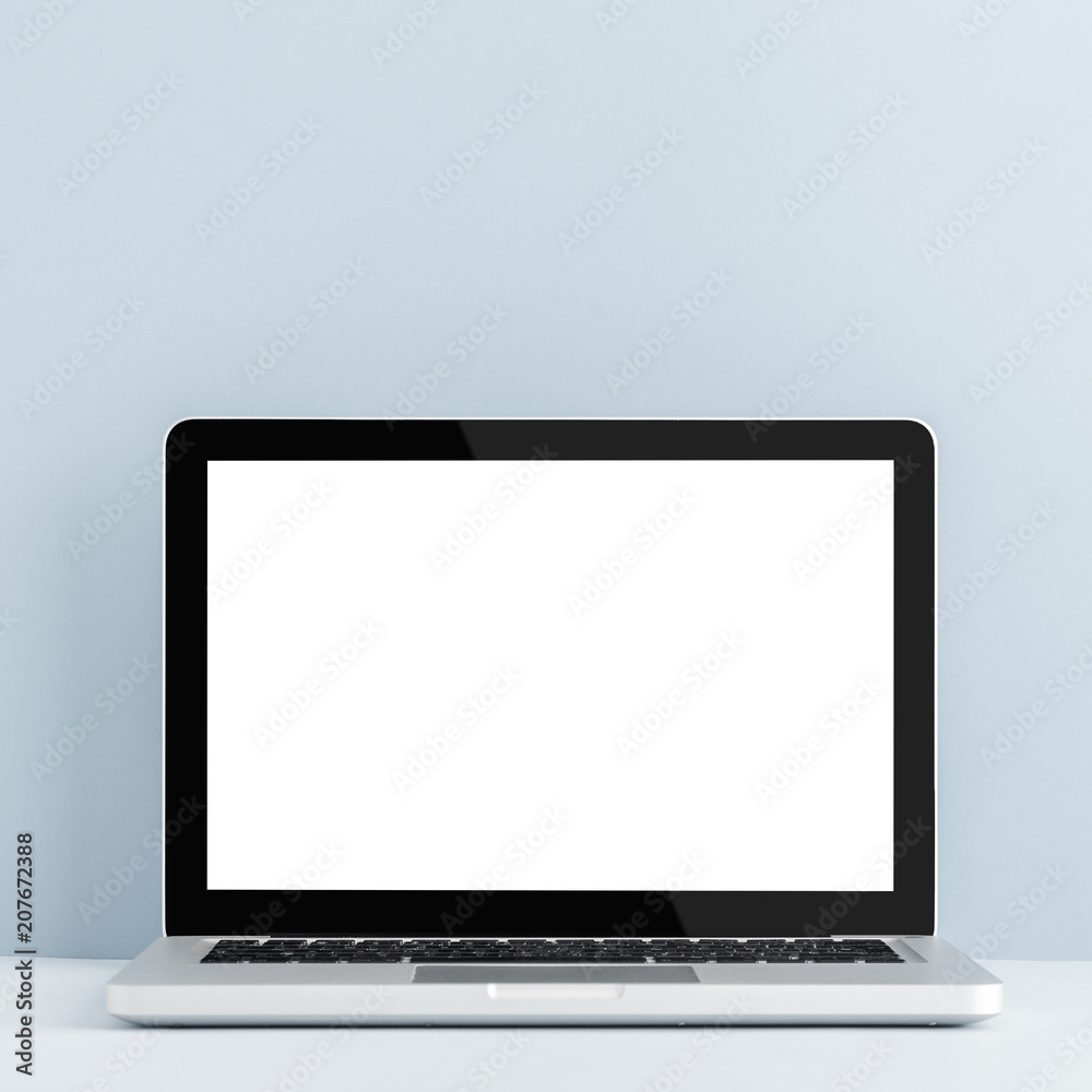 Laptop screen on a bright blue background