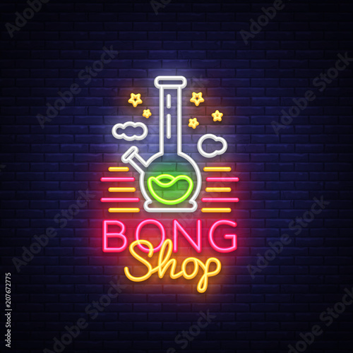 Bong Shop neon sign. Logo design template for shop advertising or signage. Tobacco Smoking Apparatus. Vector illustration