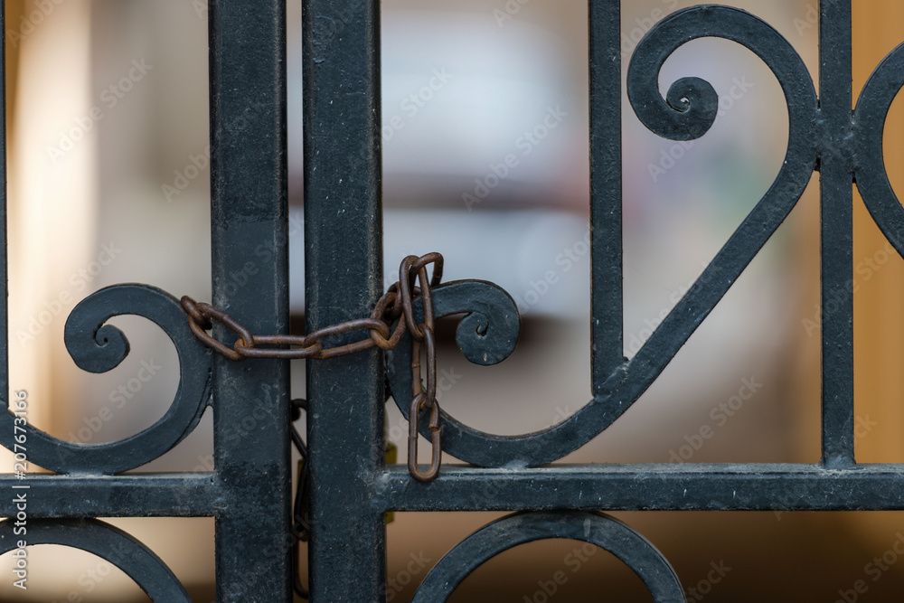 Ornamental iron gate locked with chain. Ornamental iron gate locked with chain.