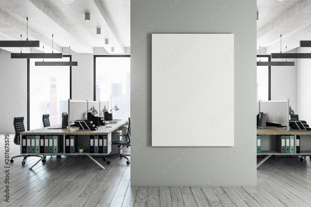 Contemporary coworking interior with banner - obrazy, fototapety, plakaty 