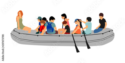 Happy kids rafting with rubber boat vector. Children beach fun. Girls and boys enjoying rowing on river on inflatable boat. Friends paddling. Nice childhood. Young crew outdoor relaxing. Summer active