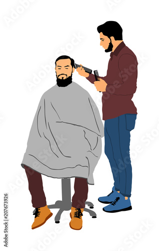 Male hairdresser holding scissors and comb vector illustration. Man client in barber's chair getting haircut by hair stylist in salon. Hairstylist serving customer at barber shop. Long beard mustache.