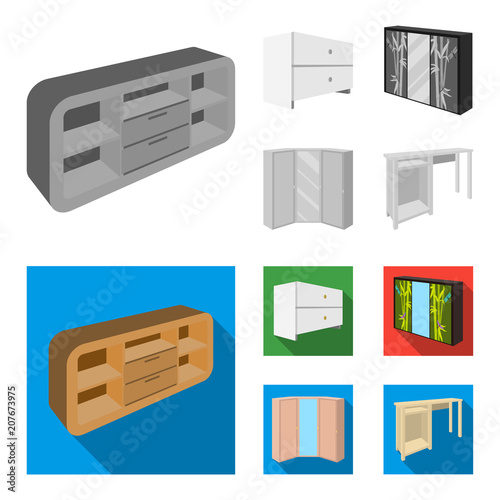 Chest of drawers, wardrobe with mirror, corner cabinet, white chest. Bedroom furniture set collection icons in monochrome,flat style vector symbol stock illustration web.