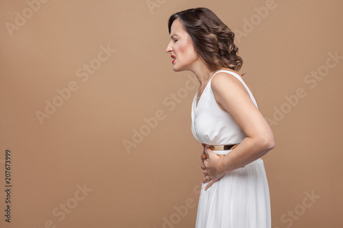 Woman unwell. Have stomach pain