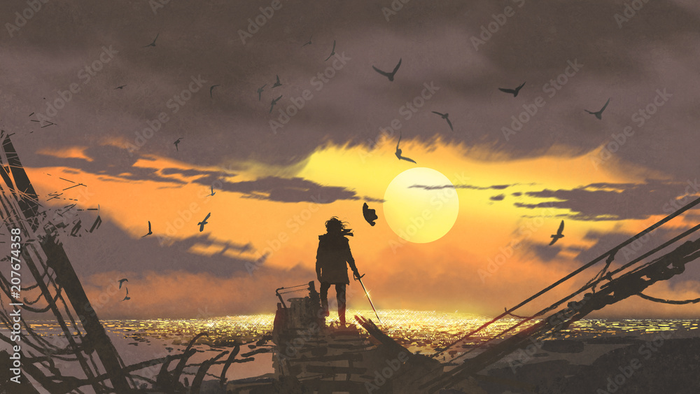 Naklejka premium pirat z mieczem stojącym na ruinach łodzi i patrzący na złote skarby o zachodzie słońca, cyfrowy styl sztuki, malowanie ilustracji