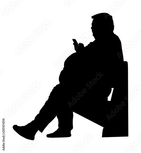 Fat man is worry about health, vector silhouette isolated on white. Overweight person trouble. Big boy think about food calorie. Fat boy sitting on bench in park and ordering fast food by mobile phone