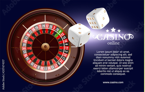 Casino background roulette wheel with playing cards, dice and chips. Online casino poker table concept design. Top view of white dice and chips on blue background. Casino sign. 3d vector illustration