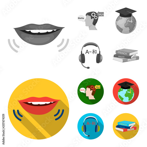 The mouth of the person speaking, the person head translating the text, the globe with the master cap, the headphones with the translation. Interpreter and translator set collection icons in