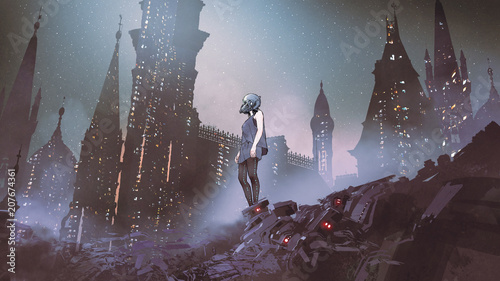 Plakat krajobraz kobieta noc cyborg