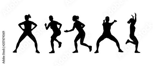 Fitness instructor training vector silhouette illustration isolated. Sport training woman, gym and lifestyle concept. Pilates girl. Athlete lady doing exercise. Warming up, workout activity.