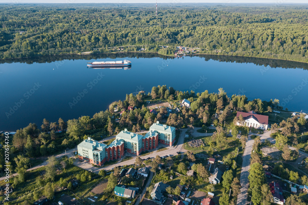 Aerial view of the Svir river early in the morning, Leningrad region, Russia.