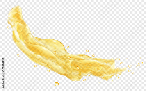 Translucent splash or jet of water with drops in yellow colors, isolated on transparent background. Transparency only in vector file