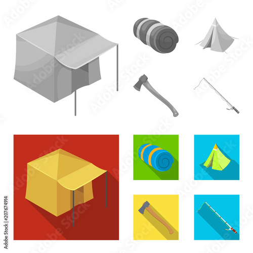 Tent with awning, ax and other accessories.Tent set collection icons in monochrome,flat style vector symbol stock illustration web.
