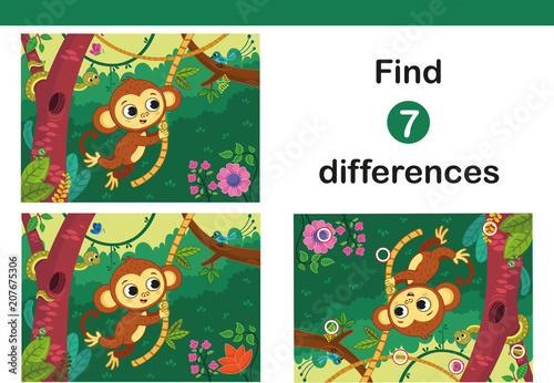 Find 7 differences education game for children, featuring a cute monkey. Vector illustration.