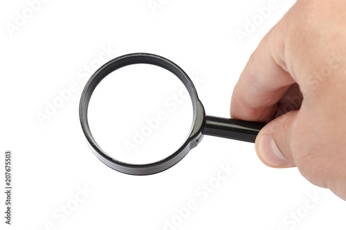 Forensic magnifier in hand on white background.