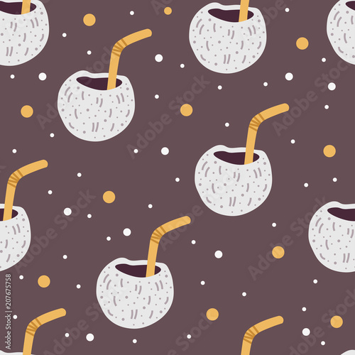 Cute seamless childish pattern for kids in scandinavian style with coconut drink.