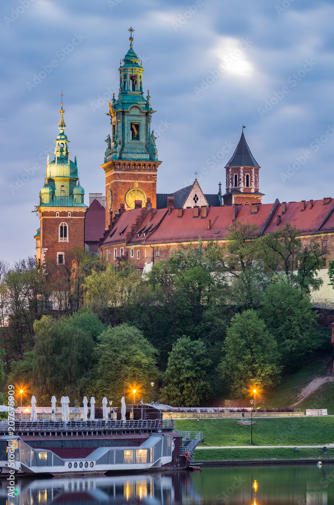 Wawel Castle in Krakow, Poland, seen from the Vistula boulevards in the morning