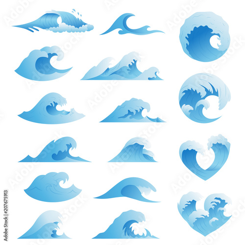 Ocean waves collection. Sea storm wave isolated. Waves, water elements set. Nature wave water storm linear style illustration