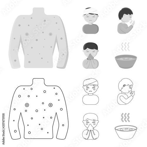A man with a bandaged head, a man coughing, a man snorts a snot, a bowl, a bowl of hot broth into a handkerchief. Sick set collection icons in outline,monochrome style vector symbol stock illustration