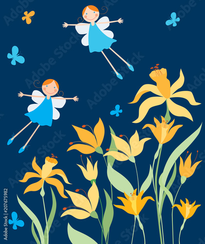 Fototapeta Naklejka Na Ścianę i Meble -  Cheerful elves girls flying over daffodils