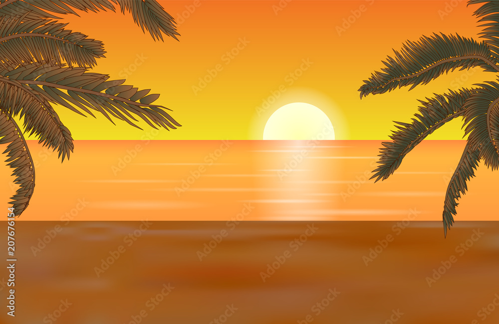 Vector summer beach landscape with yellow shaded sand and detailed palm trees in orange sunset.