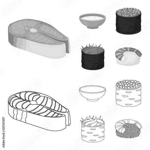 Bowl of soup, caviar, shrimp with rice. Sushi set collection icons in outline,monochrome style vector symbol stock illustration web.