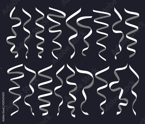 Set of different decorative serpentines  white and grey ribbon collection on dark background  vector illustration