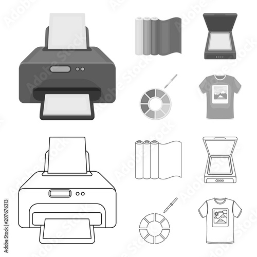 Scanner, color palette and other equipment. Typography set collection icons in outline,monochrome style vector symbol stock illustration web.