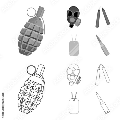 Gas mask, nunchak, ammunition, soldier token. Weapons set collection icons in outline,monochrome style vector symbol stock illustration web. photo