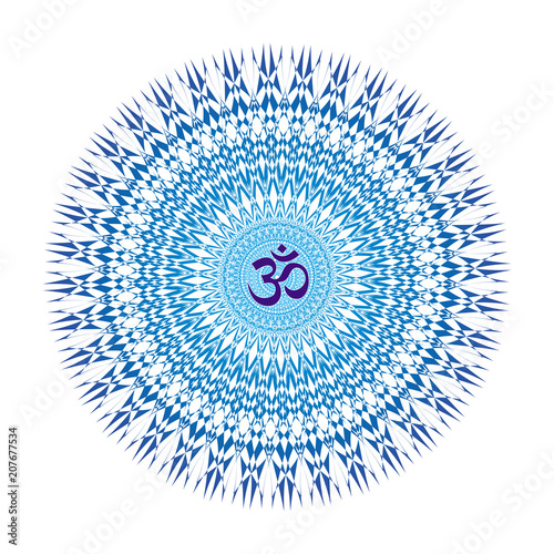 Openwork mandala in blue tones with the sign Aum / Om / Ohm. Circular ornament. Vector graphics.